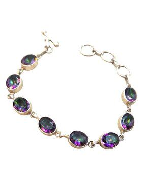Mystic Topaz Bezel Set 925 Sterling Silver Bracelet With Toggle Clasp